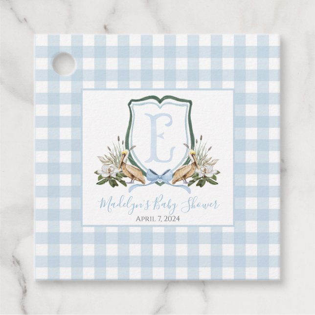 Preppy Southern Blue Boy Pelican Baby Shower Gåvor Etiketter (Framsida)