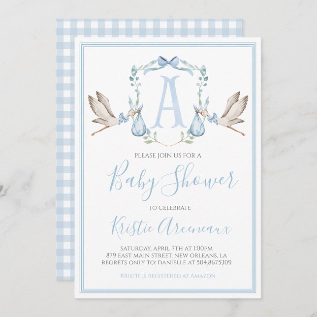 Preppy Southern Blue Boy Stork Baby Shower Inbjudningar (Skapare uppladdad)