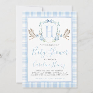 Preppy Southern Blue Boy Stork Baby Shower Inbjudningar