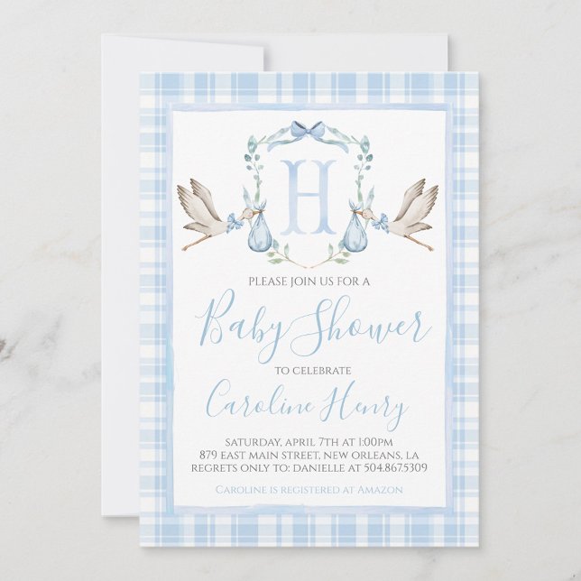 Preppy Southern Blue Boy Stork Baby Shower Inbjudningar (Skapare uppladdad)