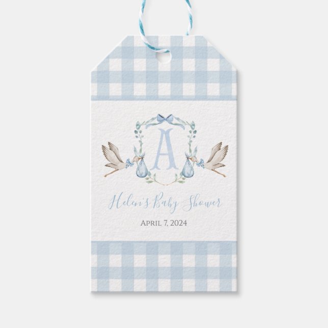 Preppy Southern Blue Boy Stork Baby Shower Presentetikett (Framsidan)