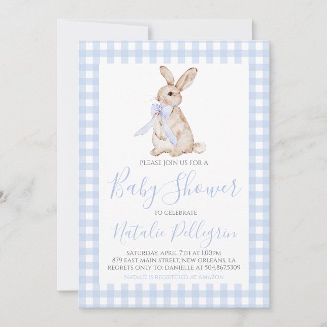 Preppy Southern Blue Gingham Bunny Baby Shower Inbjudningar (Framsida)