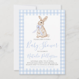 Preppy Southern Blue Gingham Bunny Baby Shower Inbjudningar