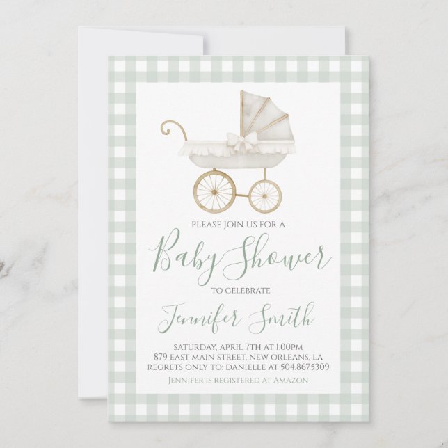 Preppy Southern Grönt Boy Carriage Baby Shower Inbjudningar (Framsida)