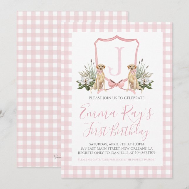 Preppy Southern Rosa Girl Hund First Birthday Inbjudningar (Fram/baksida)