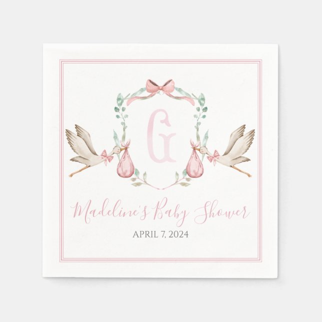 Preppy Southern Rosa Girl Stork Baby Shower Pappersservett (Framsidan)