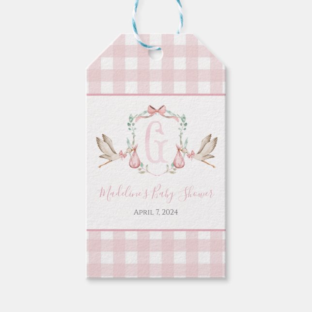 Preppy Southern Rosa Girl Stork Baby Shower Presentetikett (Framsidan)