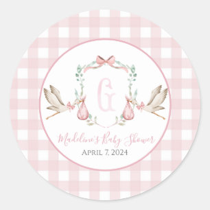 Preppy Southern Rosa Girl Stork Baby Shower Runt Klistermärke