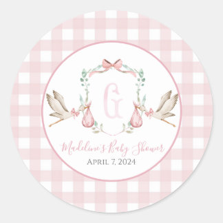 Preppy Southern Rosa Girl Stork Baby Shower Runt Klistermärke