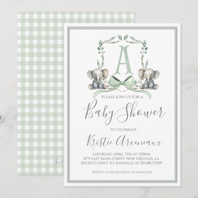 Preppy Southern Sage Boy Elephant Baby Shower Inbjudningar (Fram/baksida)