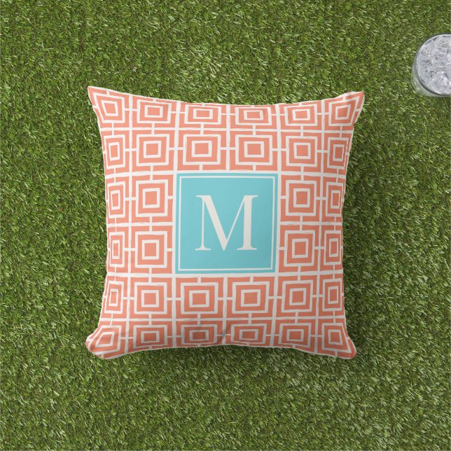 Preppy Square Lattice Monogram - Coral & Turquoise Kudde (Gräs)