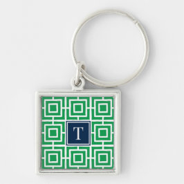 Preppy Square Lattice Monogram - Green & Navy Fyrkantig Silverfärgad Nyckelring