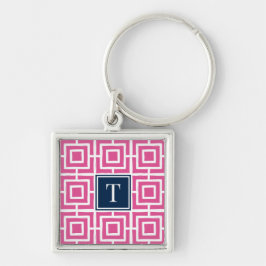 Preppy Square Lattice Monogram - Hot Pink & Navy Fyrkantig Silverfärgad Nyckelring