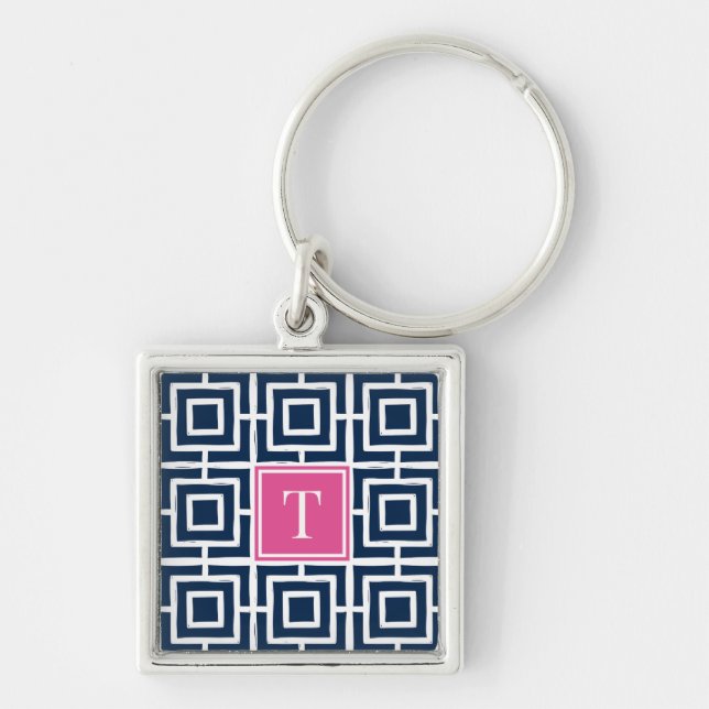 Preppy Square Lattice Monogram  - Navy & Hot Pink Fyrkantig Silverfärgad Nyckelring (Framsidan)