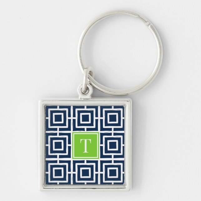 Preppy Square Lattice Monogram  - Navy & Lime Fyrkantig Silverfärgad Nyckelring (Framsidan)