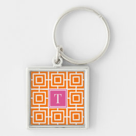Preppy Square Lattice Monogram  Orange & Hot Pink Fyrkantig Silverfärgad Nyckelring