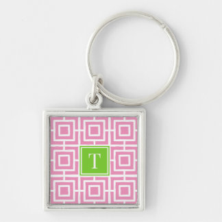 Preppy Square Lattice Monogram  - Pink & Lime Fyrkantig Silverfärgad Nyckelring