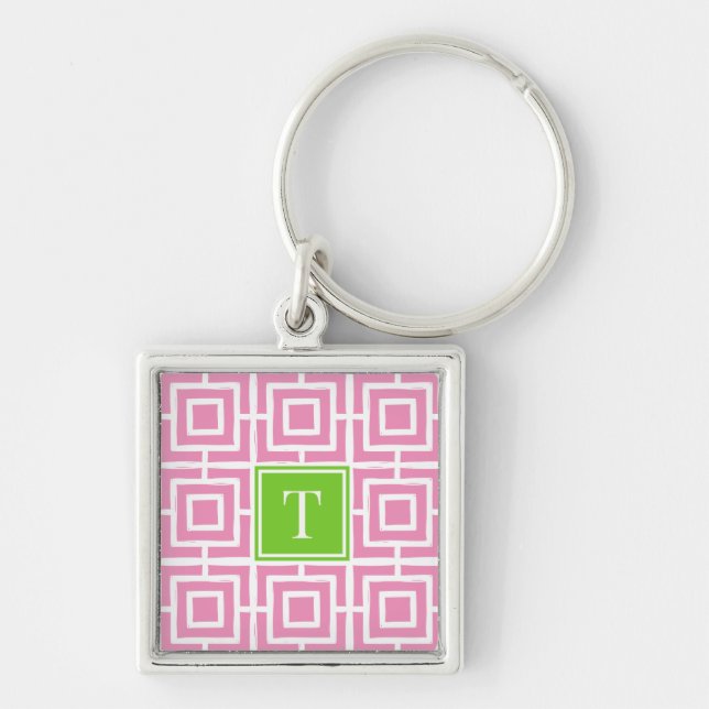 Preppy Square Lattice Monogram  - Pink & Lime Fyrkantig Silverfärgad Nyckelring (Framsidan)