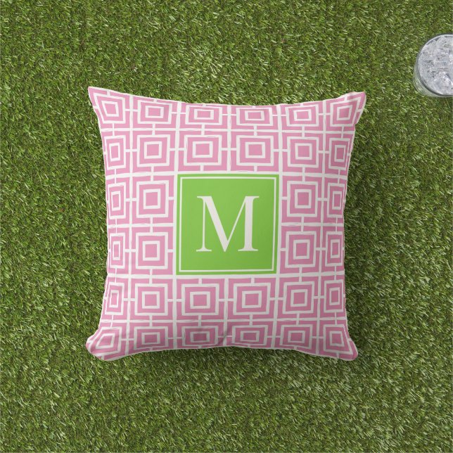 Preppy Square Lattice Monogram – Pink & Lime Kudde (Gräs)