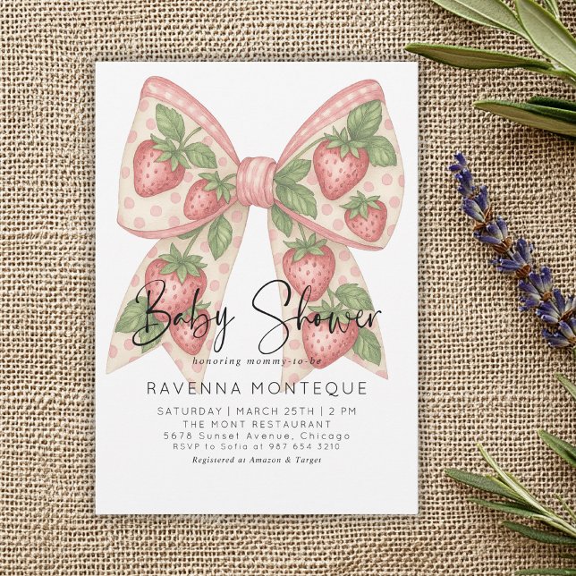 Preppy Strawberry Bow Personalized Baby Shower  Inbjudningar (Skapare uppladdad)