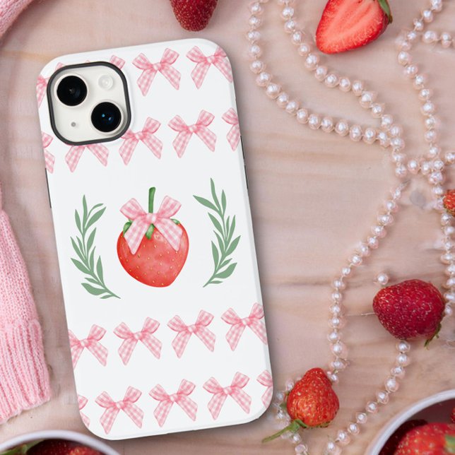 Preppy Strawberry Rosa Gingham Bows Laurel Wandan (iphone case with pink gingham bows and strawberry logo by Darling and May)