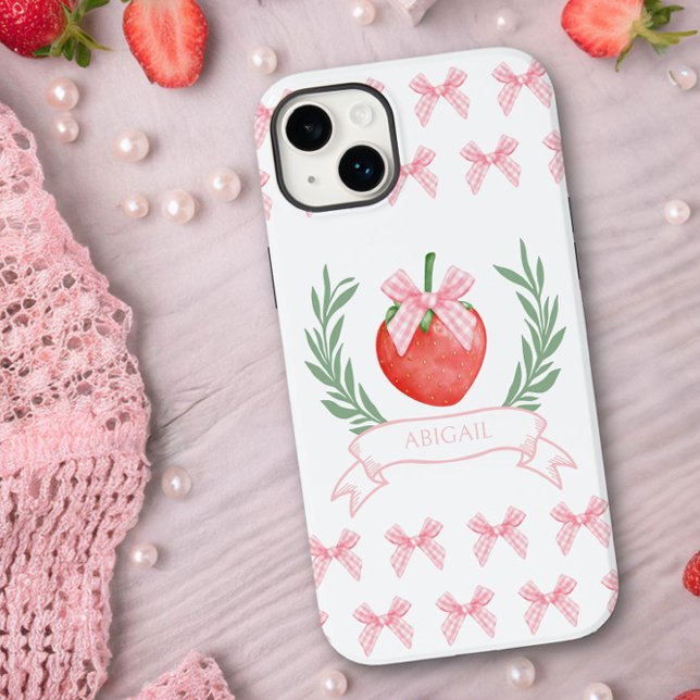 Preppy Strawberry Rosa Gingham Bows Personlig (Personalized iphone case with pink gingham bows and strawberry logo by Darling and May)