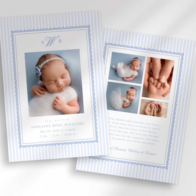 Preppy Stripe Monogram Photo Birth Announcement Meddelande (Skapare uppladdad)