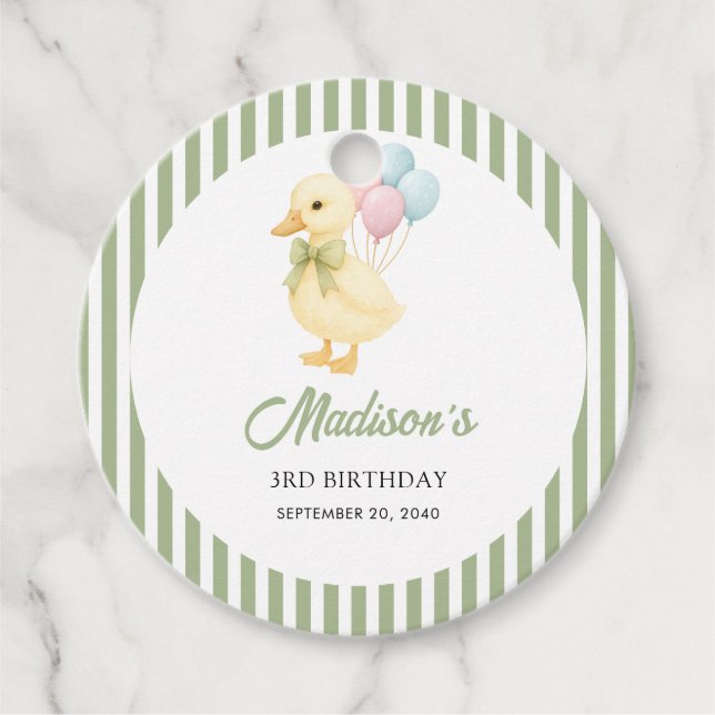 Preppy Stripes Cute Duck Theme Kids Birthday Party Gåvor Etiketter (Framsida)