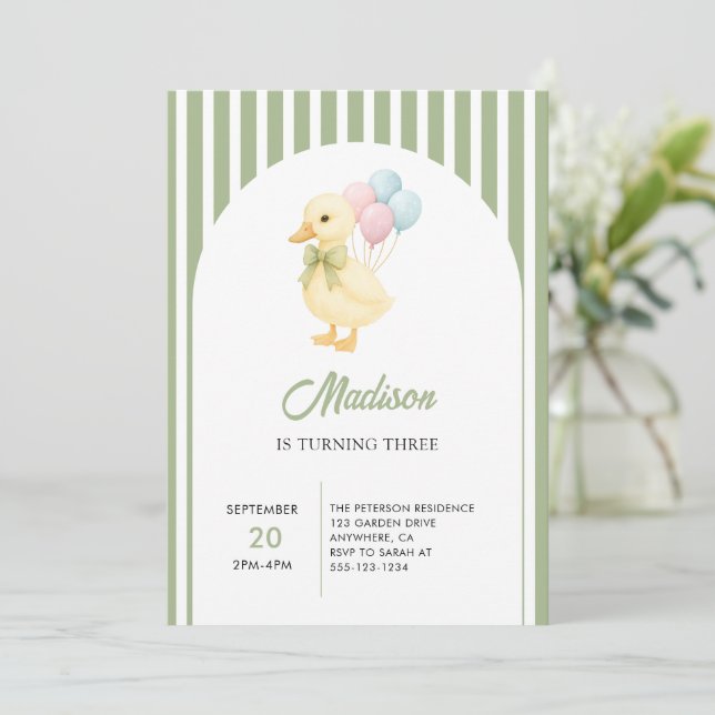 Preppy Stripes Cute Duck Theme Kids Birthday Party Inbjudningar (Stående Fram)