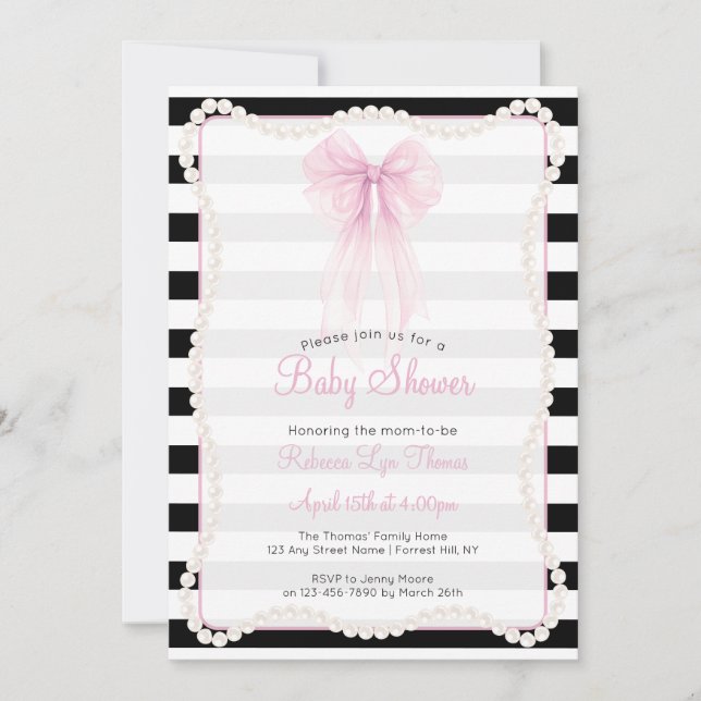 Preppy Stripes Pink Bow Pearls Baby Shower Inbjudningar (Framsida)