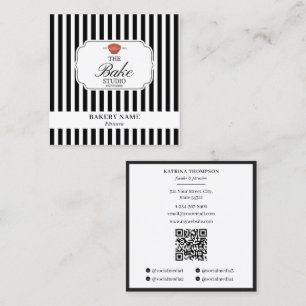 Preppy svart-vit-randigt bagerilogo QR-kod Fyrkantigt Visitkort