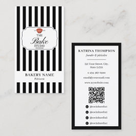 Preppy Svart Vitt Randigt Bageri Logotyp QR-kod Visitkort