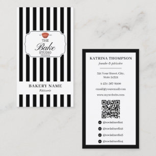 Preppy Svart Vitt Randigt Bageri Logotyp QR-kod Visitkort