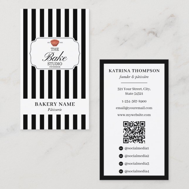 Preppy Svart Vitt Randigt Bageri Logotyp QR-kod Visitkort (Fram/baksida)