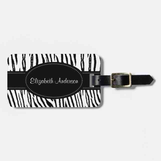 Preppy svartvita tigerrandar med namn bagagebricka (Horisontell Framsida)