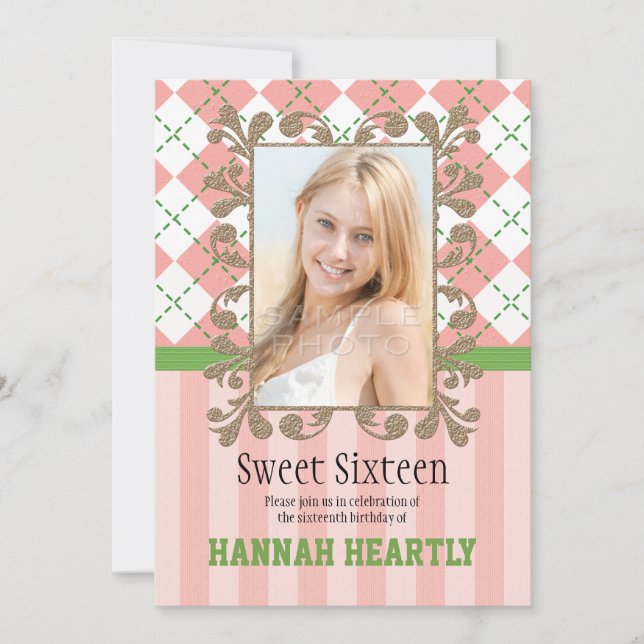 Preppy Sweet 16 Inbjudningar till Rosa och Grönt (Framsida)