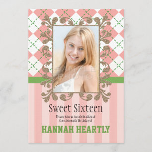 Preppy Sweet 16 Inbjudningar till Rosa och Grönt