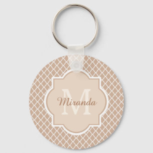 Preppy Tan Quatrefoil Mongogram med Namn Nyckelring