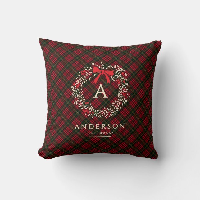 Preppy Tartan Julkrans Monogram & Namn Kudde (Framsida)