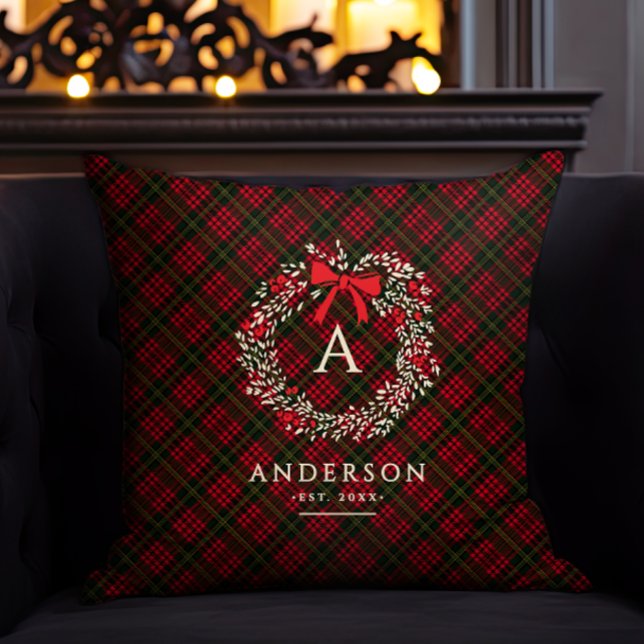 Preppy Tartan Julkrans Monogram & Namn Kudde (Skapare uppladdad)