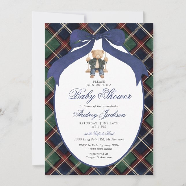 Preppy Tartan Plaid Ralph Polo Bear Baby Shower Inbjudningar (Framsida)
