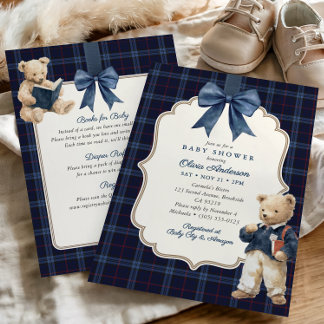 Preppy Tartan Teddybjörn Allt-i-ett Baby Shower Inbjudningar