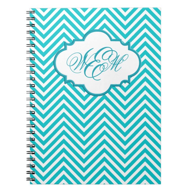 Preppy Teal Chevron Skriptmonogram bärbar dator Anteckningsbok Med Spiral (Framsidan)