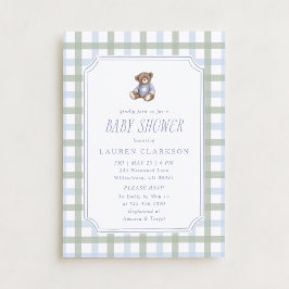 Preppy Teddy Bear Blue and Sage Plaid Baby Shower  Inbjudningar