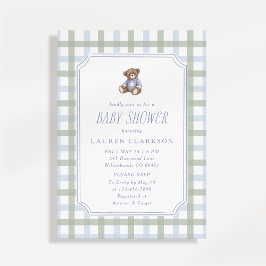 Preppy Teddy Bear Blue and Sage Plaid Baby Shower  Inbjudningar
