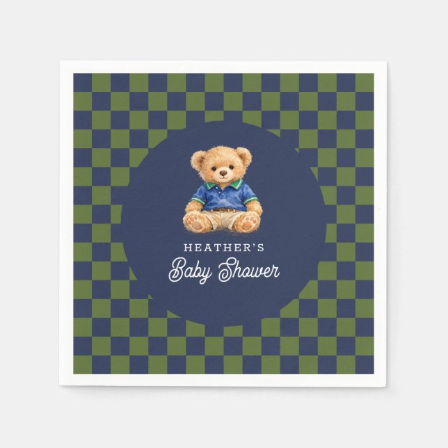 Preppy Teddy Bear Checkboard Baby Shower Pappersservett (Framsidan)