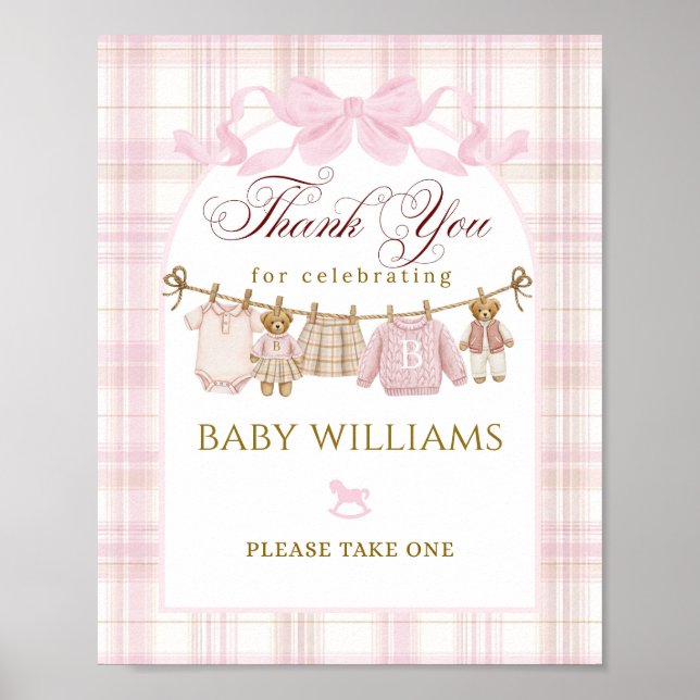 Preppy Teddy Bear Girl Baby Shower Plaid Bow Favor Poster (Framsidan)