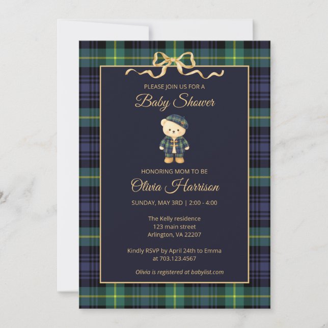 Preppy Teddy Bear Plaid Baby Shower Invitation Inbjudningar (Framsida)