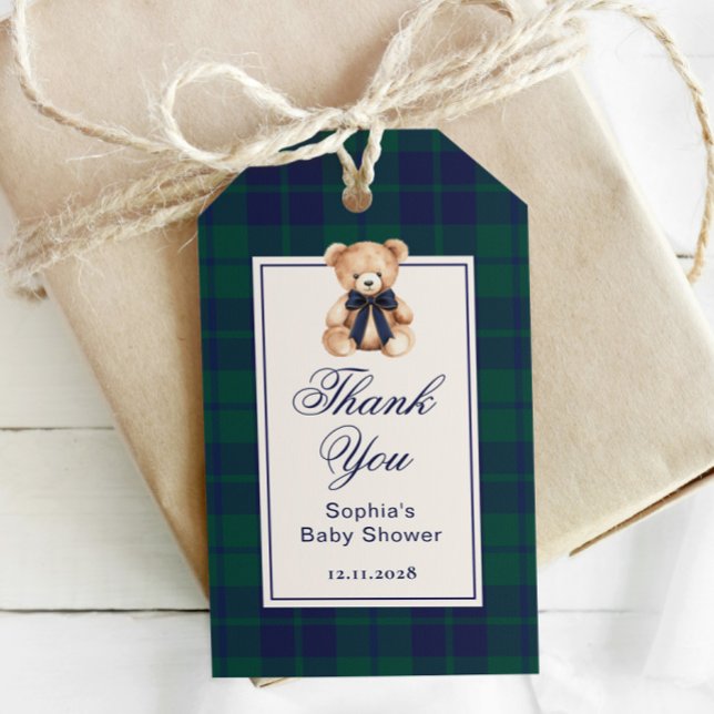 Preppy Teddy bear Plaid Baby Shower Thank you Presentetikett (Skapare uppladdad)