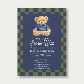 Preppy Teddy Bearly Wait Checkboard Baby Shower Inbjudningar